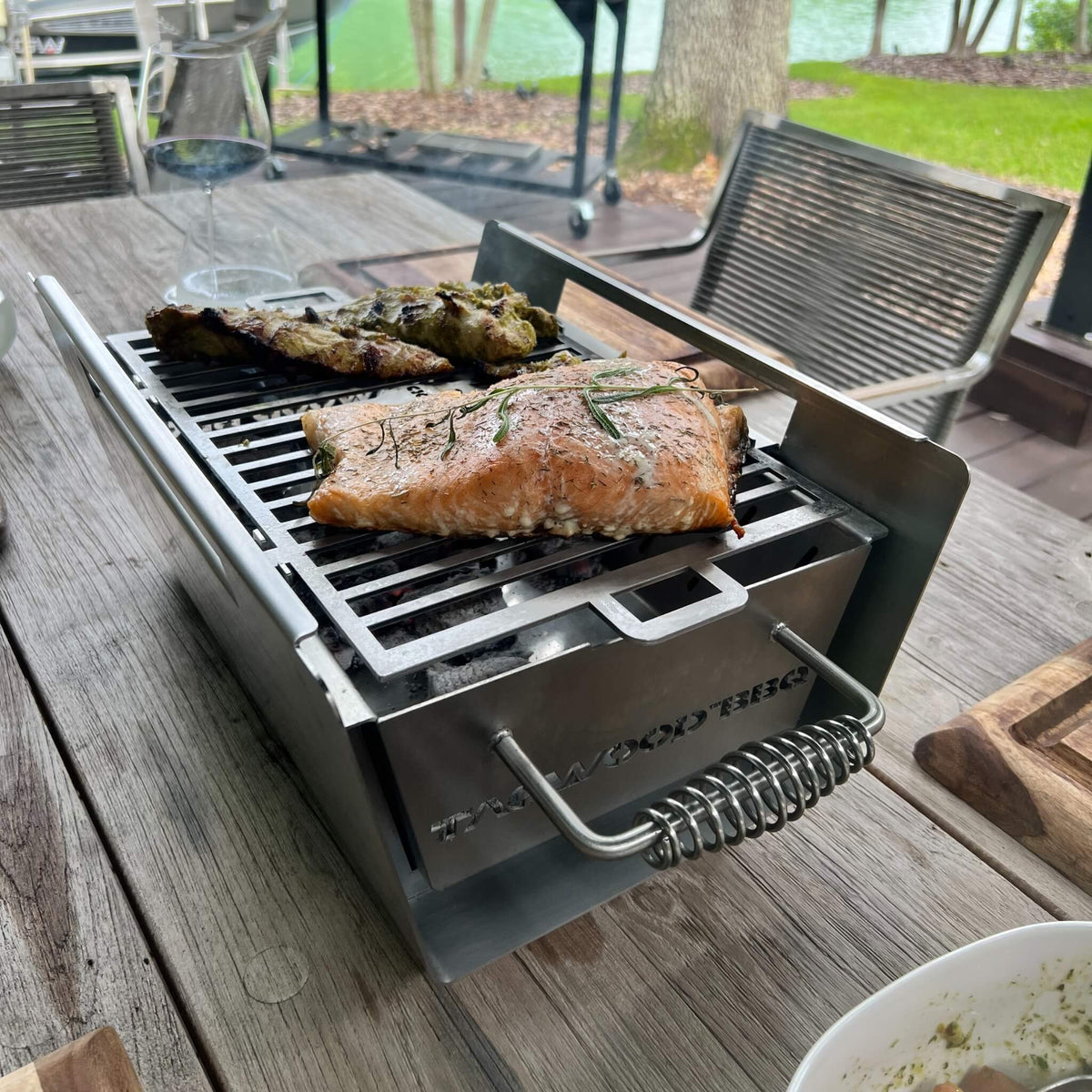 Tagwood BBQ Table Top Warming Brazier | Stainless steel and Acacia wood